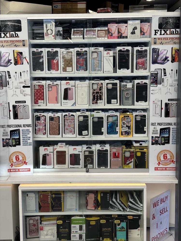 Phone cases and accessories on display at Fix Lab